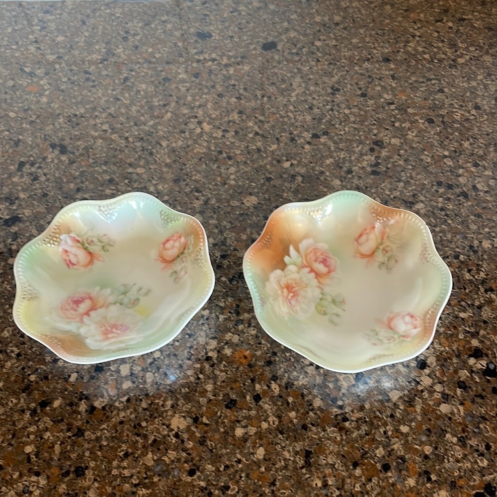R S Germany Prussian Porcelain China Pink Green Vintage Set 2 Small Bowls